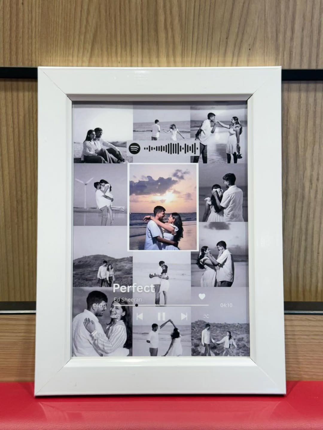 White framed photo collage of a couple with a Spotify song interface.
