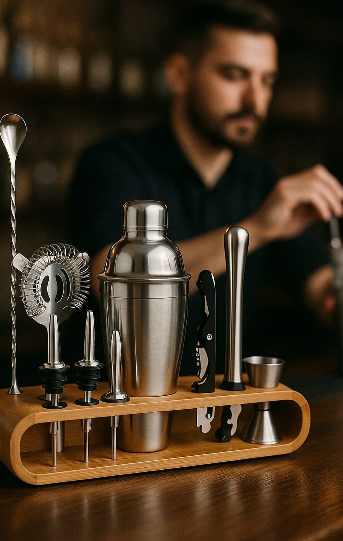 Stainless steel mixology bartender kit in a wooden holder on a dark bar counter