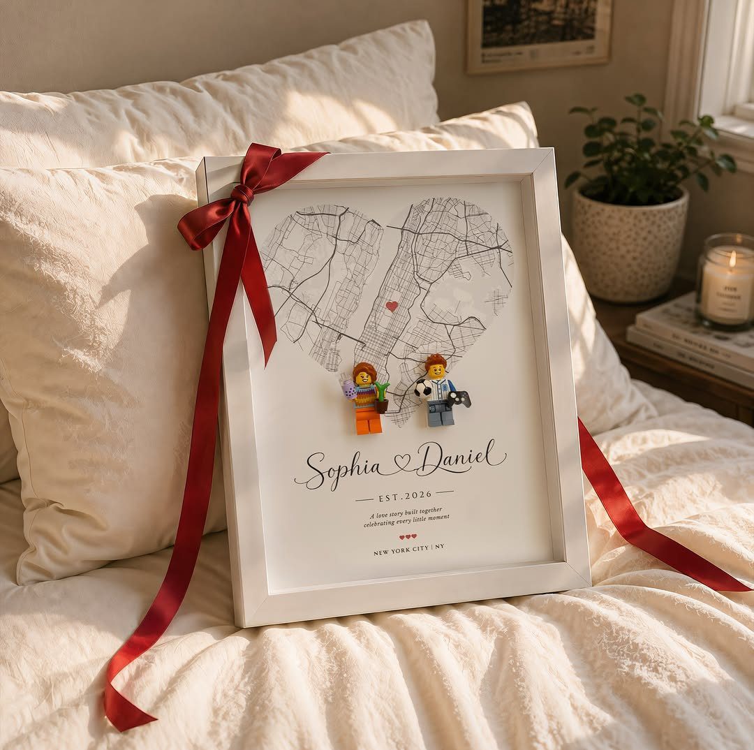 Heart-shaped city map art with Lego figures and names in a white frame.