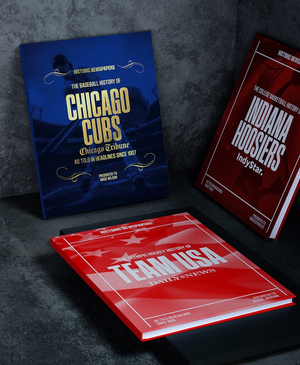 Three custom sports history books featuring the Chicago Cubs, Indiana Hoosiers, and Team USA.