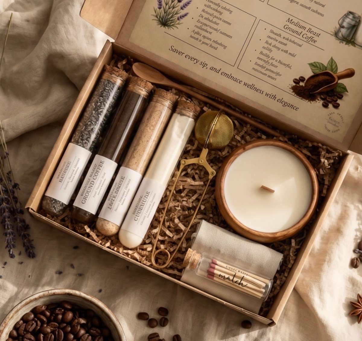 Gift box with coffee powders, a candle, and tea strainer on beige fabric.