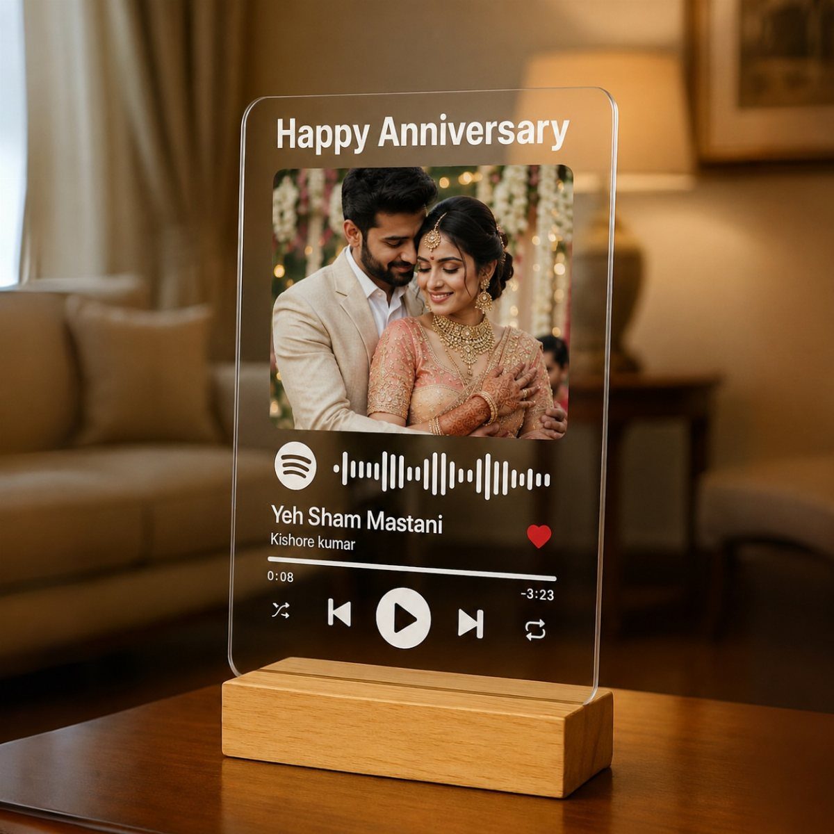 Acrylic anniversary plaque with a couple's photo and a Spotify music player interface.