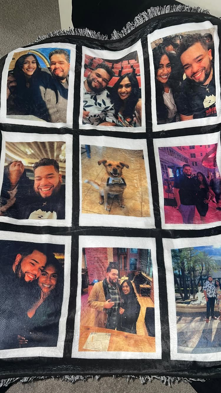 Custom photo blanket featuring a grid of pictures of a couple and dog.
