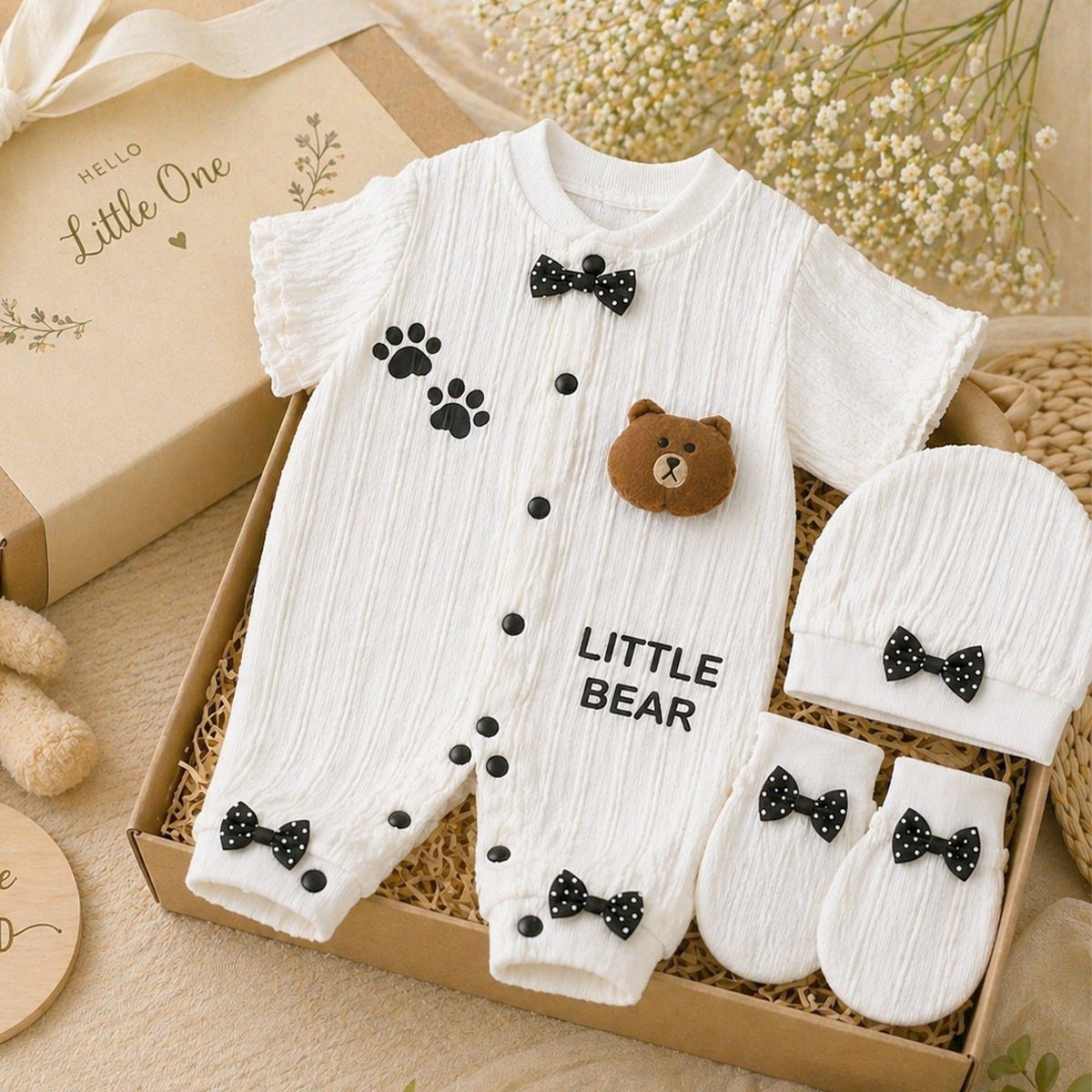 White baby romper set with bear patch and bows in a gift box