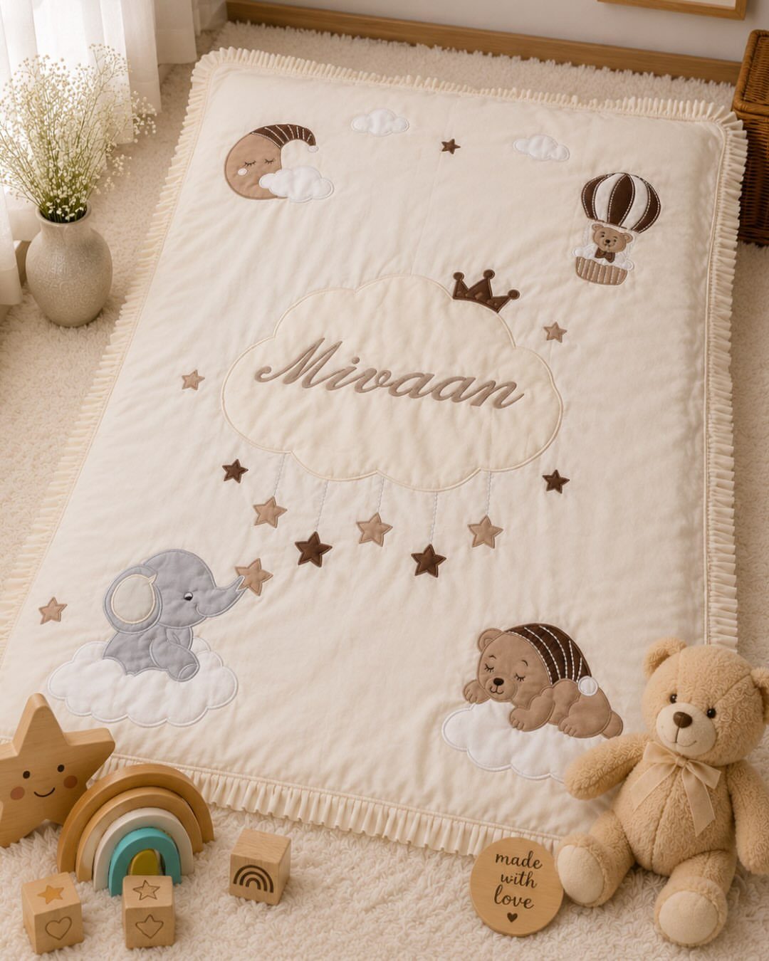 Personalized cream baby blanket with name Mivaan, animal patches, and wooden toys.
