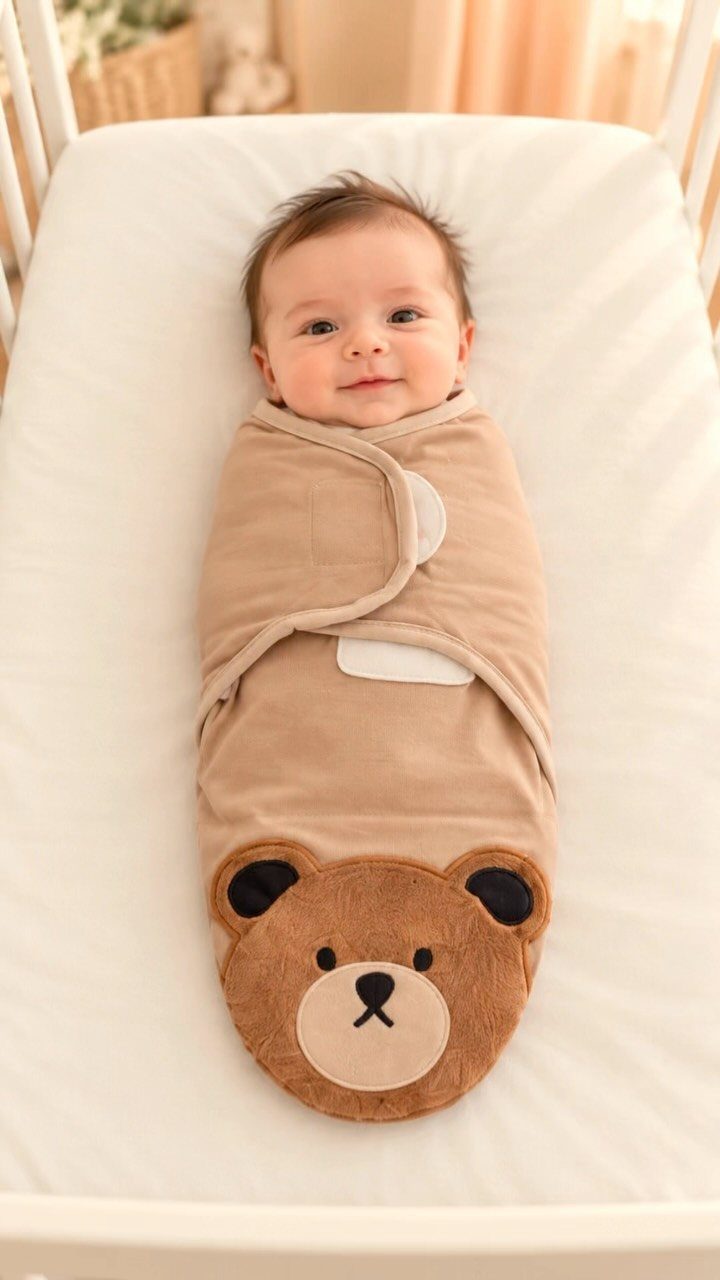 Baby wrapped in a tan bear-themed swaddle blanket lying in a white crib
