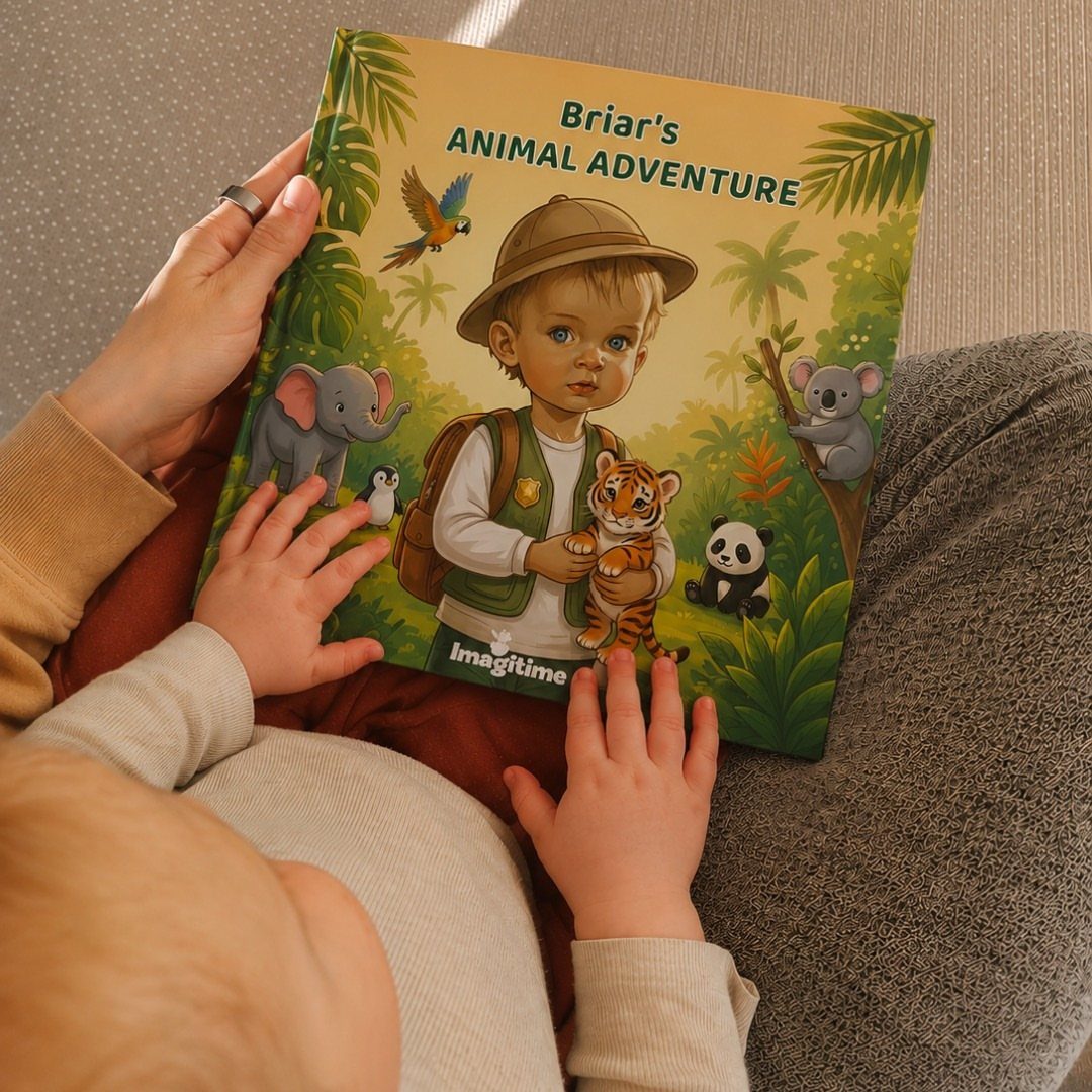 Personalized children's storybook with a jungle theme held by an adult and child.