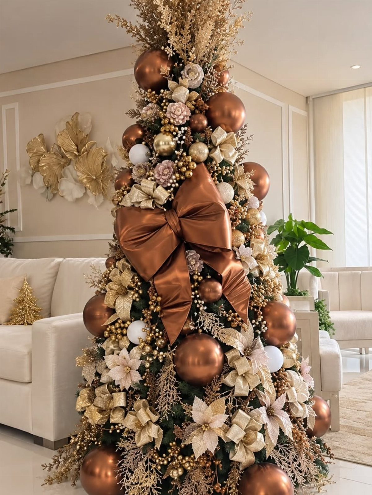 Decorated Christmas tree with chocolate brown and gold ornaments and a large satin bow.