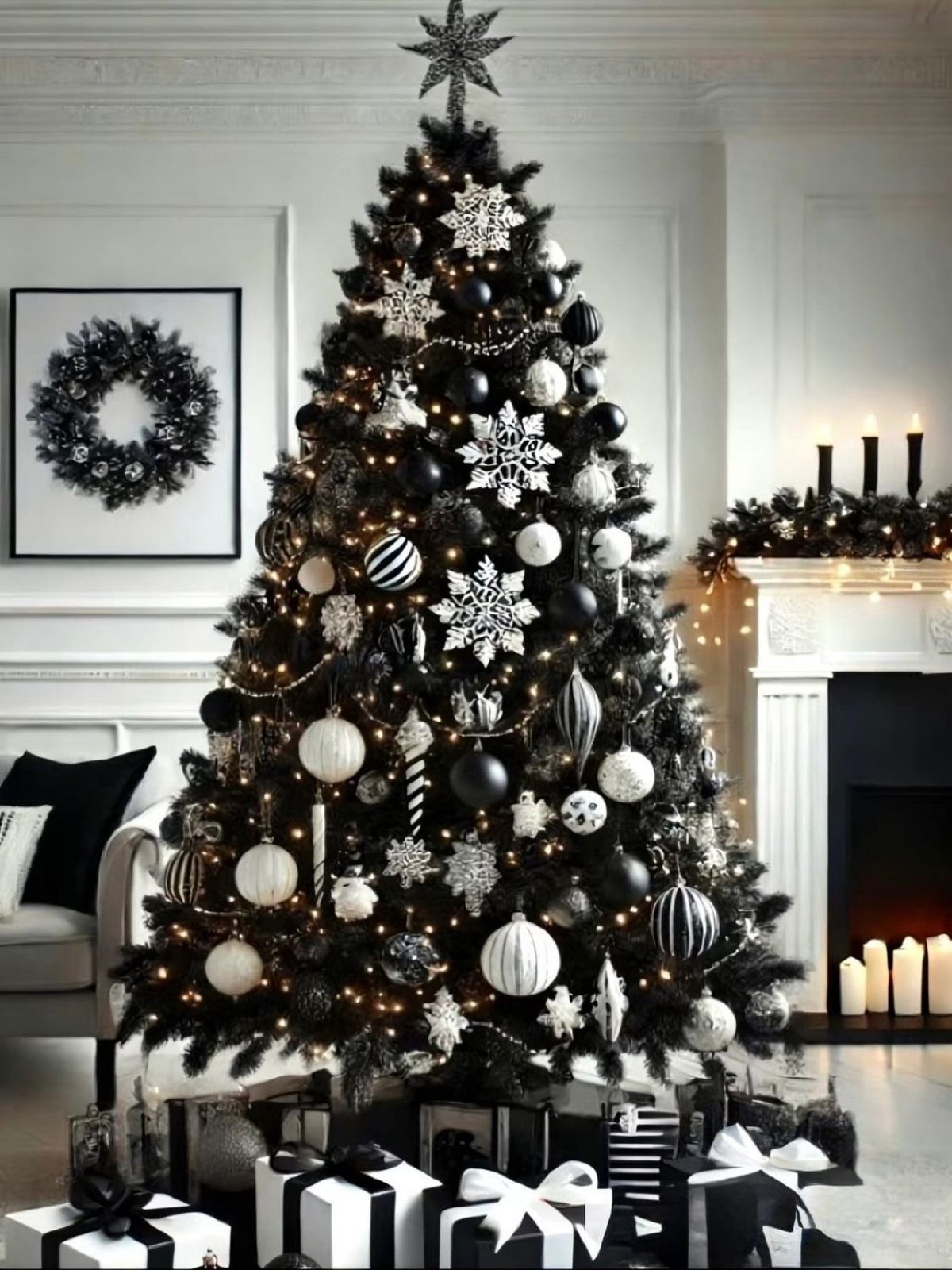 Black and white monochrome Christmas tree decorated with silver ornaments and snowflakes.