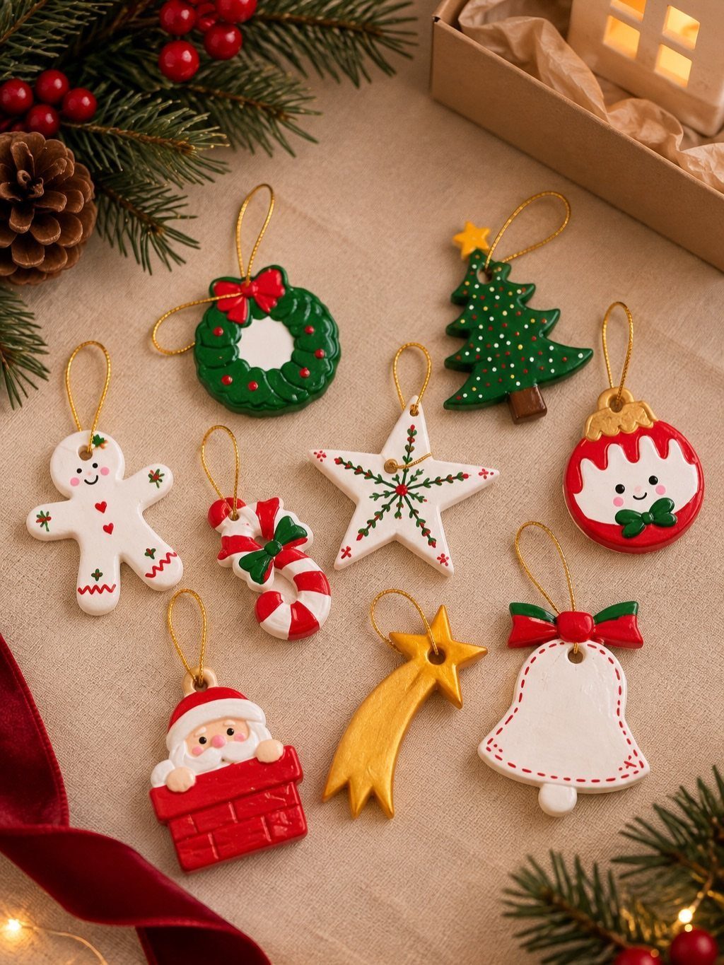 Handmade clay Christmas ornaments arranged on a beige fabric with pine branches.