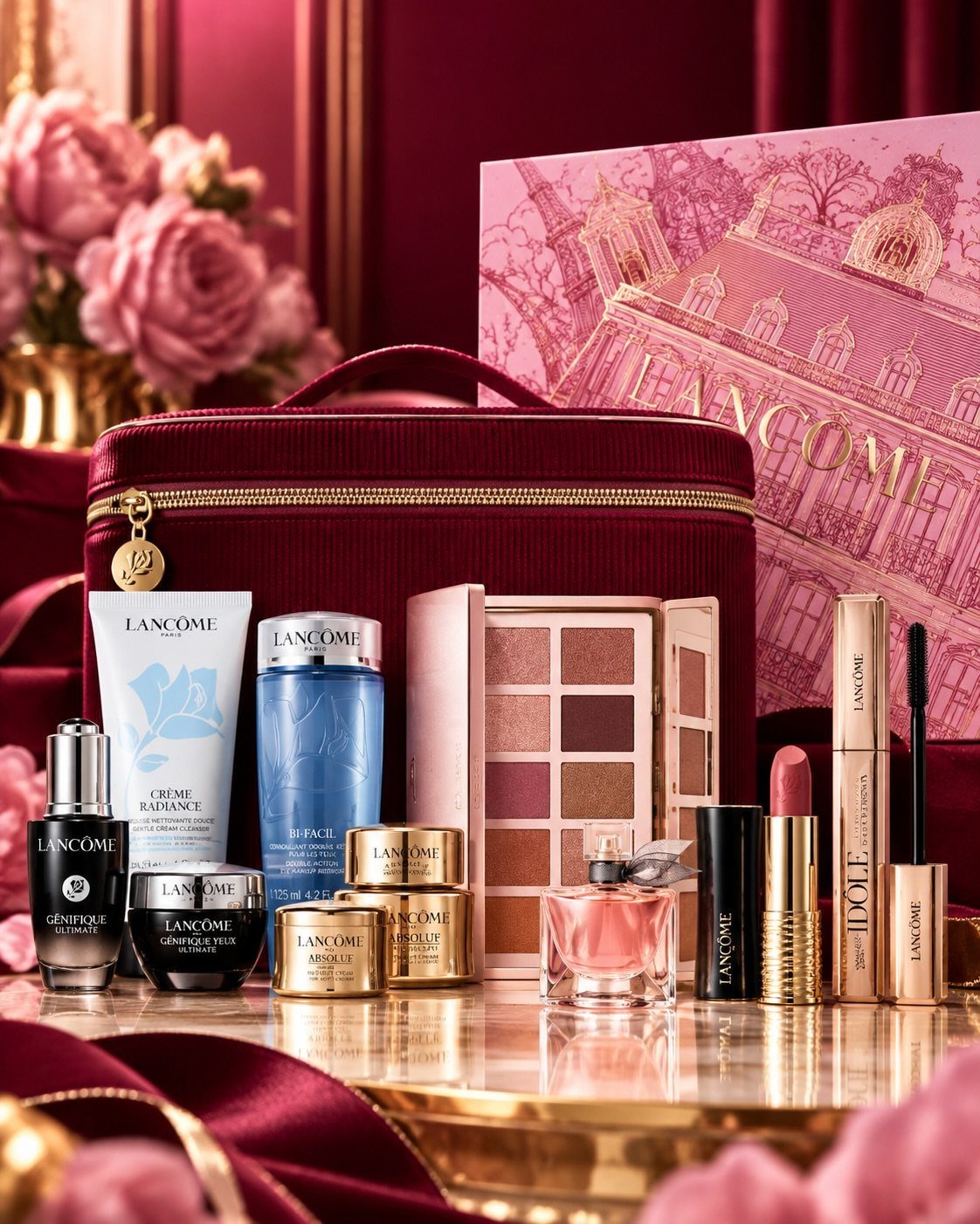 Lancôme luxury beauty gift set with skincare and makeup in front of red velvet bag