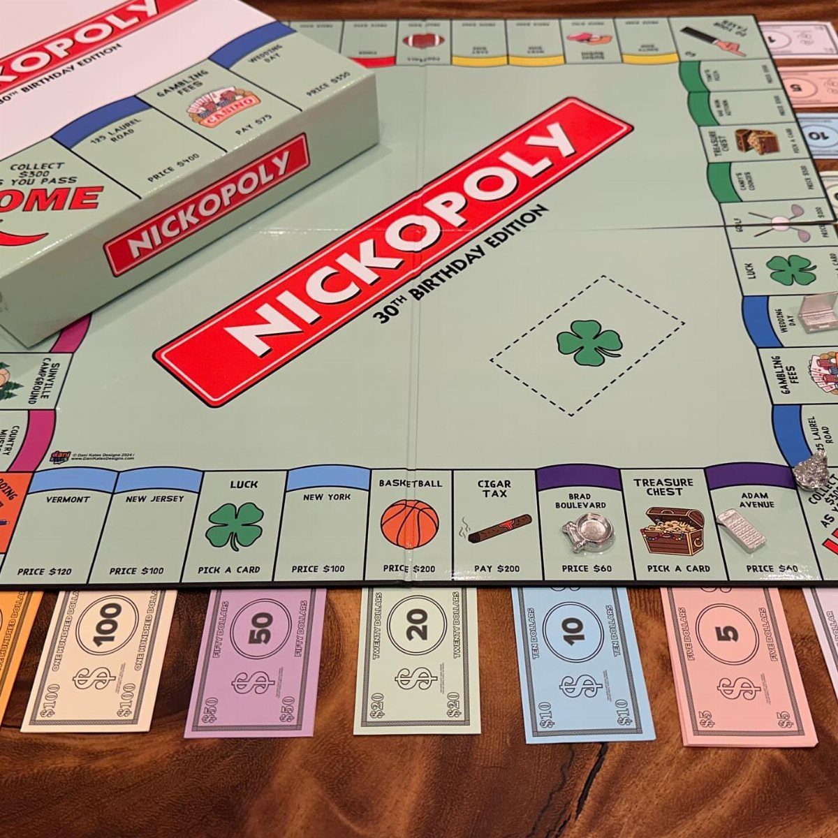 Personalized Nickopoly board game with play money and box on wooden table