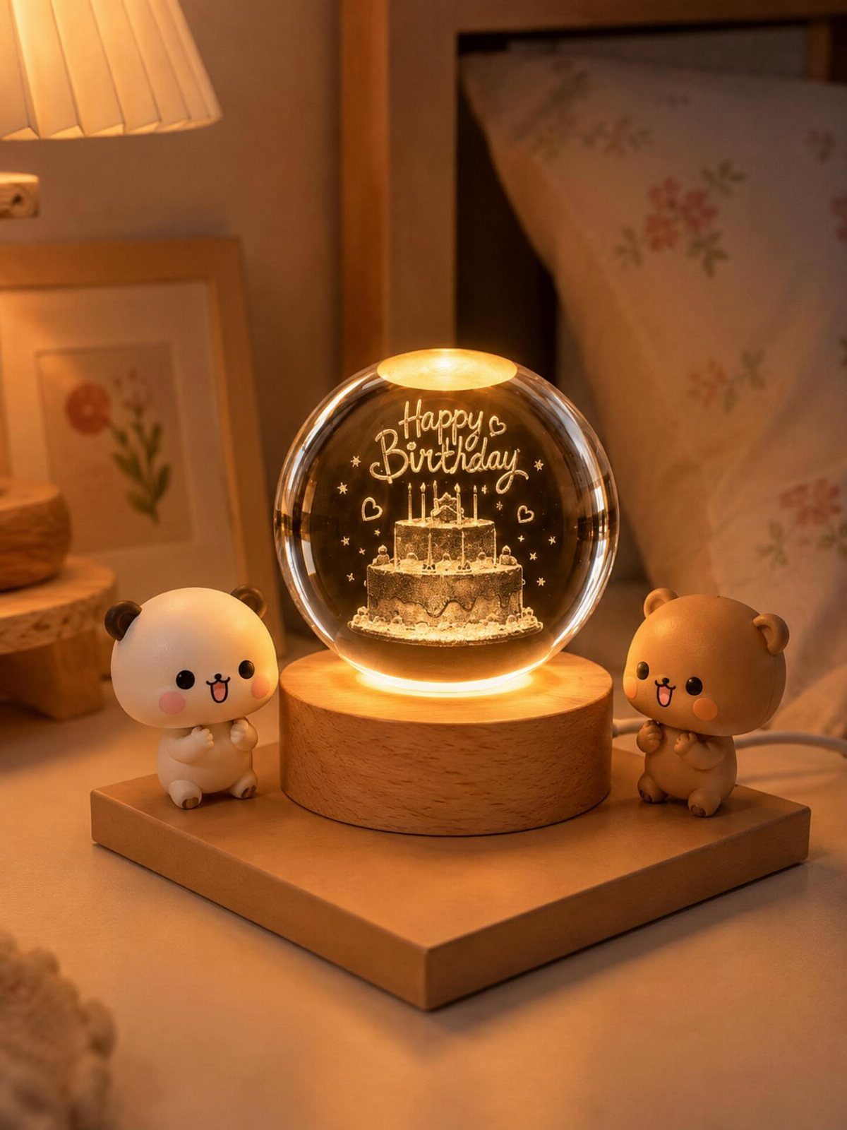 Glowing glass birthday cake sphere with cute animal figurines on wooden base