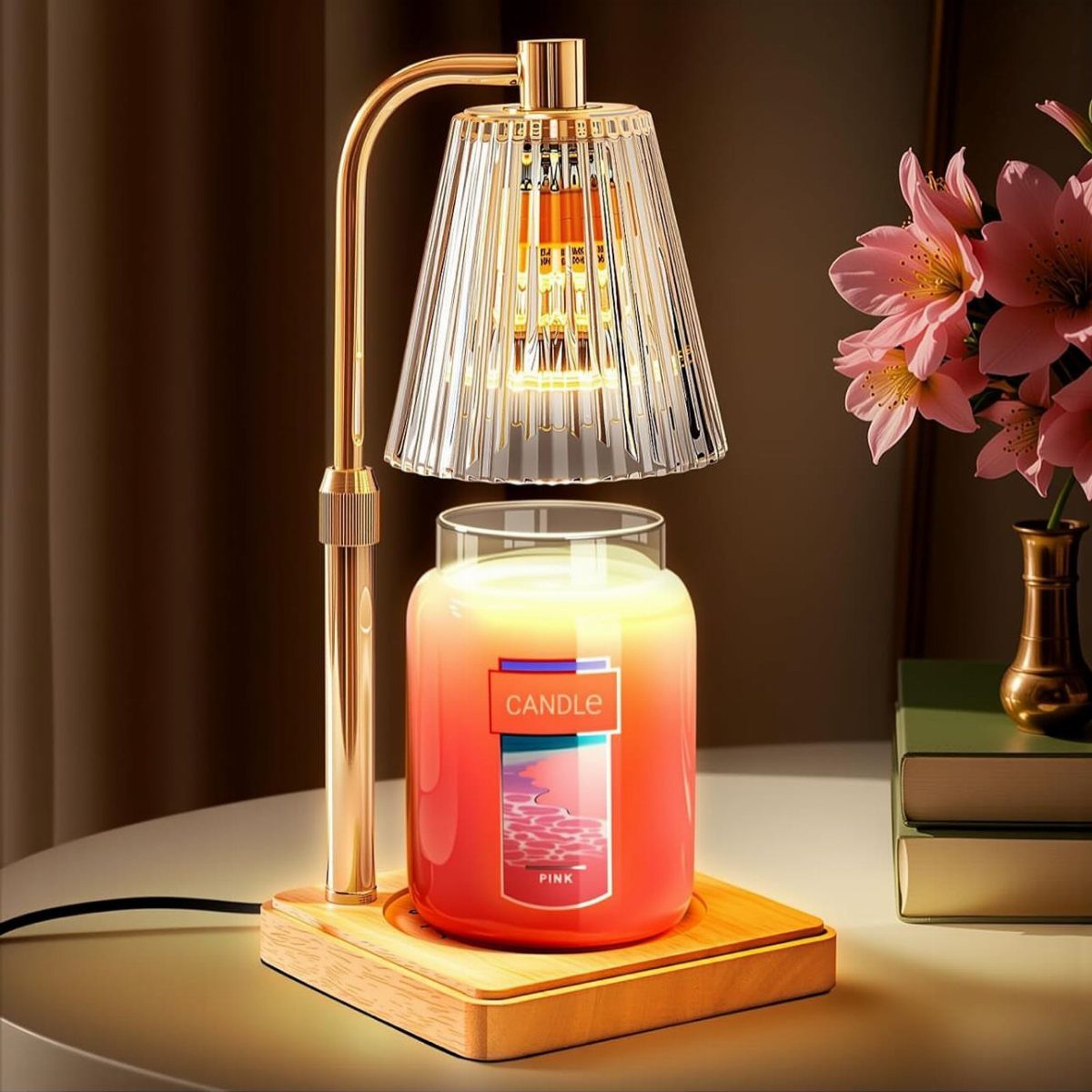 Gold candle warmer lamp illuminating a pink scented candle on a wooden base