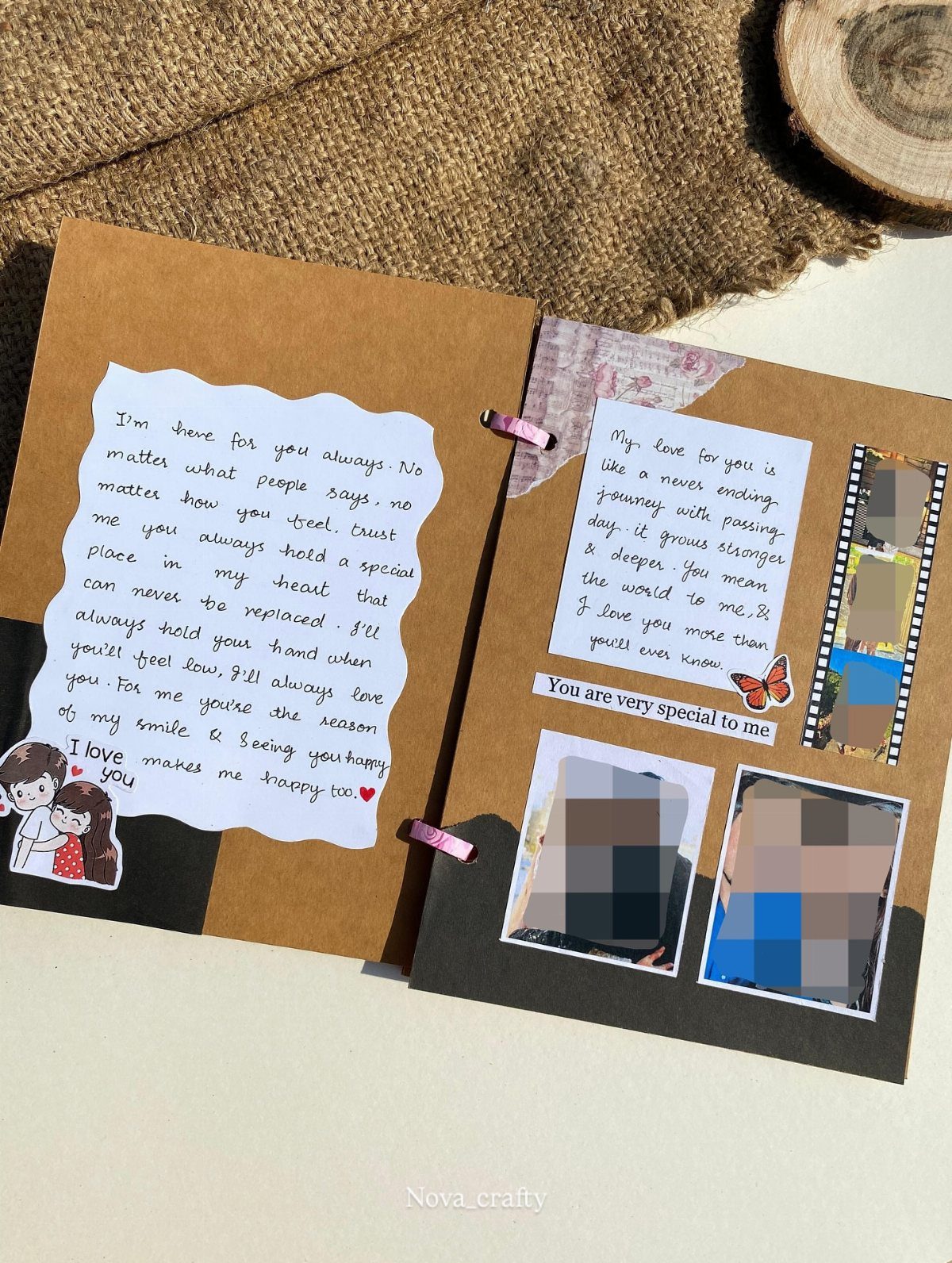 Handmade scrapbook with handwritten letters and photos on brown cardstock pages.