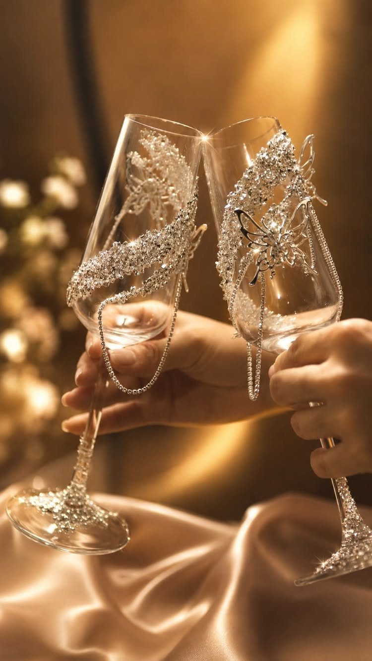 Two crystal champagne glasses with rhinestone butterfly decorations clinking over gold satin fabric.