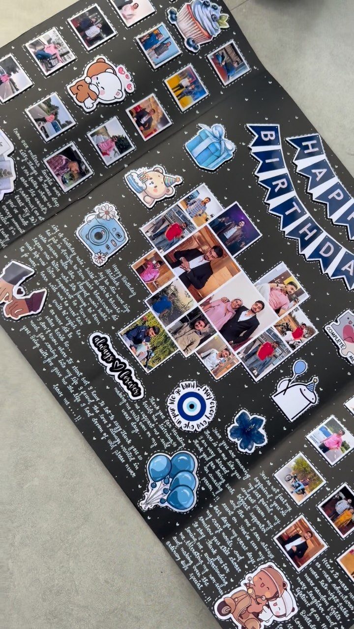Handmade birthday scrapbook page with couple photos, handwritten notes, and colorful stickers.