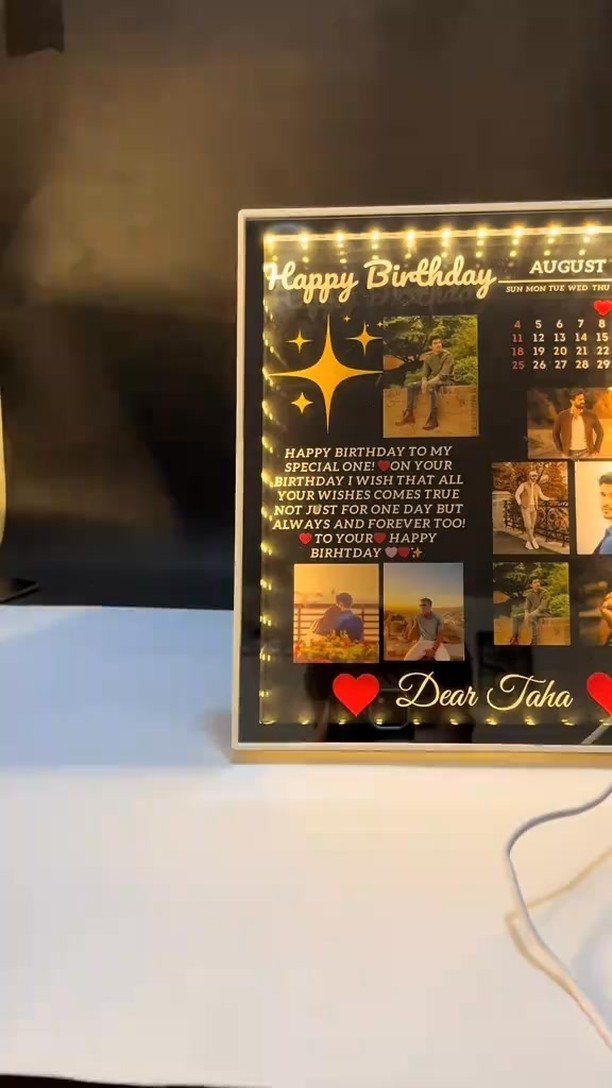 Personalized light-up birthday gift frame with photos, calendar, and a heartfelt message.