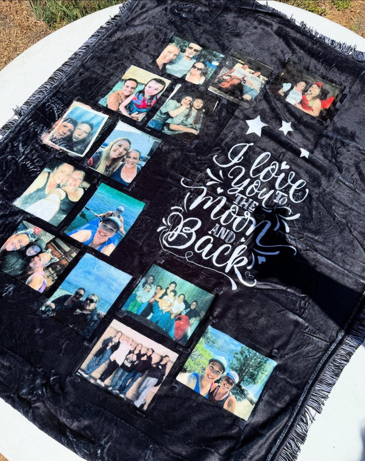 Black plush blanket with a photo collage and I love you text