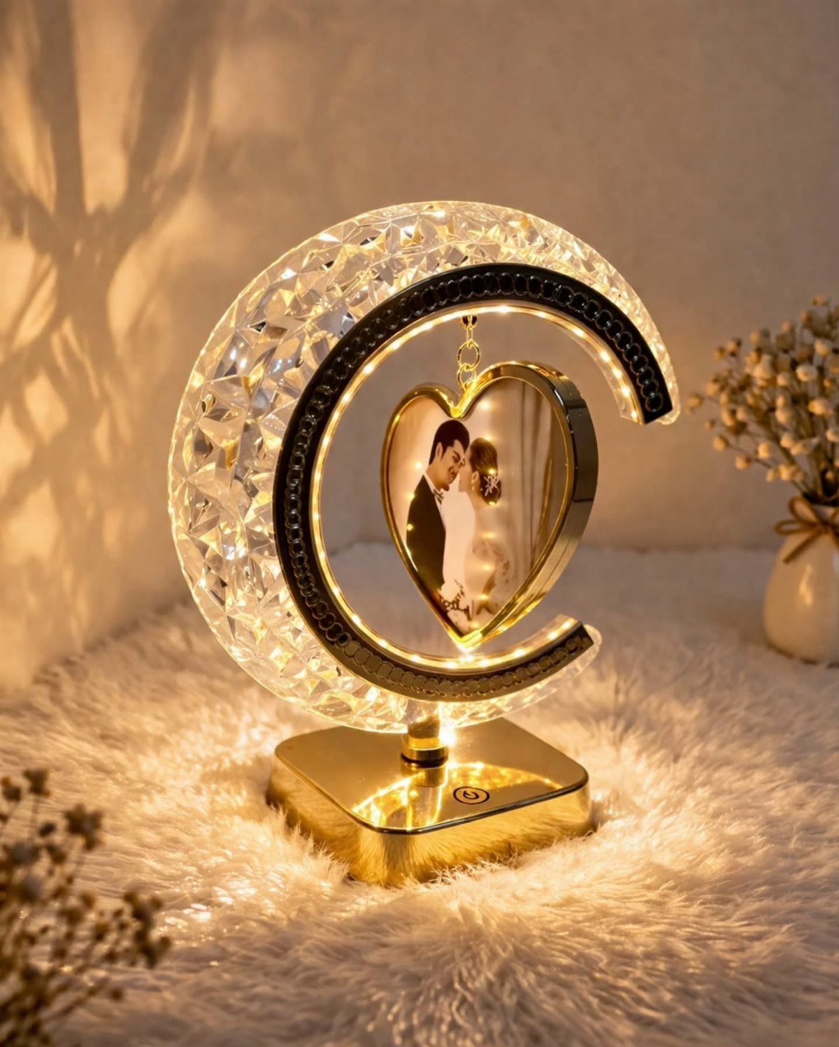 Crescent moon shaped crystal lamp with a heart-shaped photo of a couple inside.
