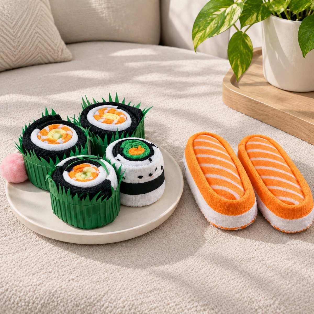 Sushi socks rolled to look like maki and nigiri on a white plate.