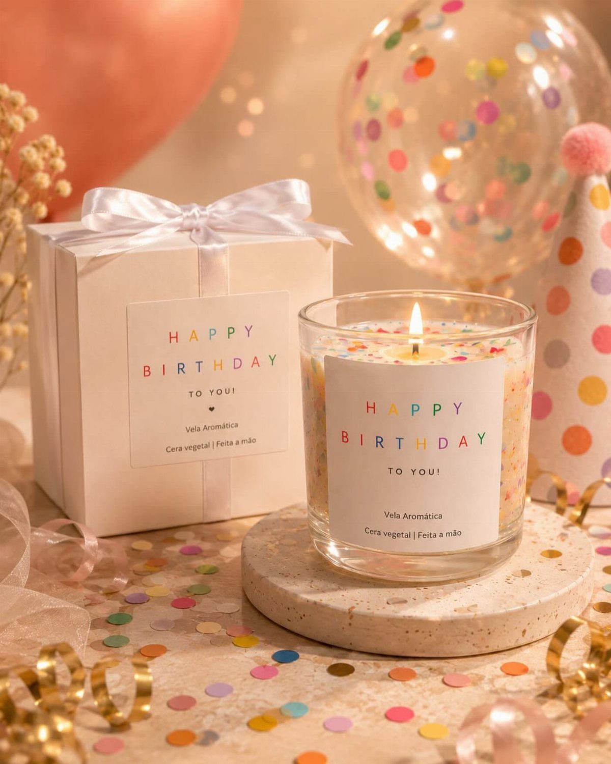 Lit birthday candle in a glass jar next to a wrapped gift box.