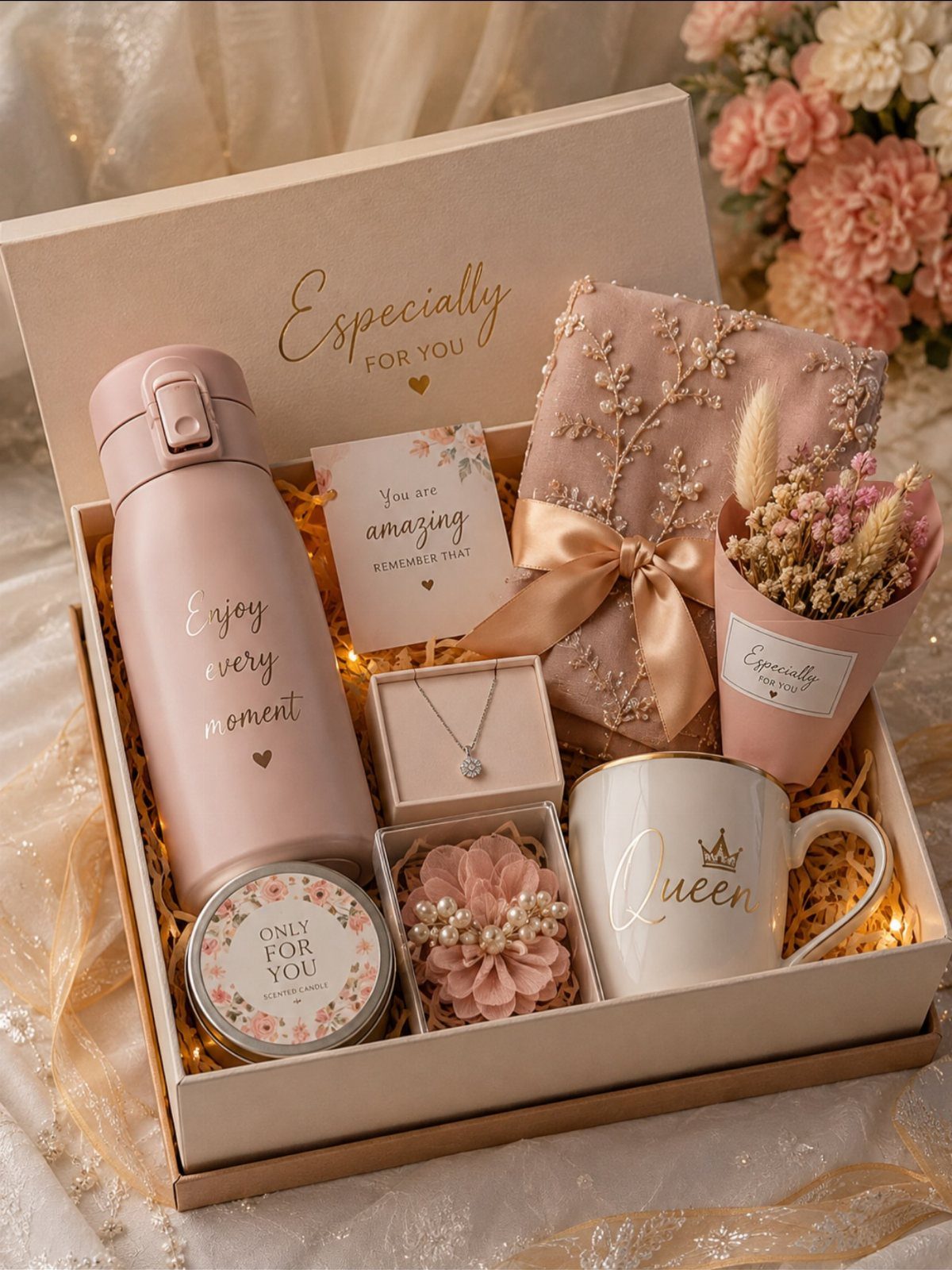 Pink gift box filled with a water bottle, Queen mug, and jewelry.
