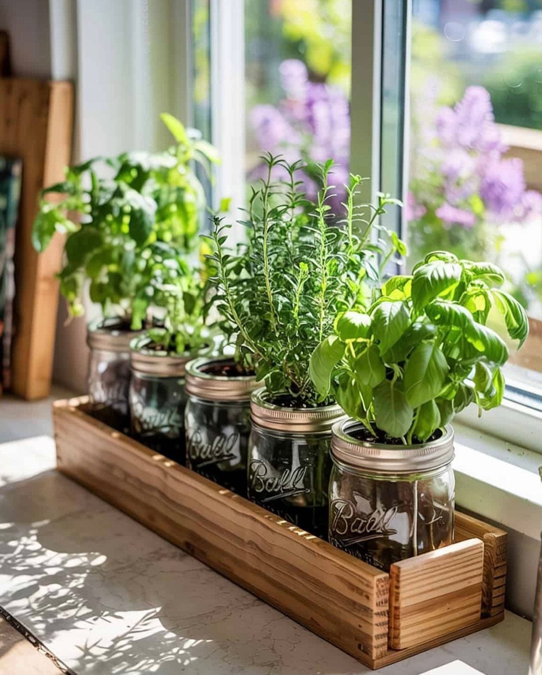 Green herbs growing in mason jars inside a wooden planter on a windowsill