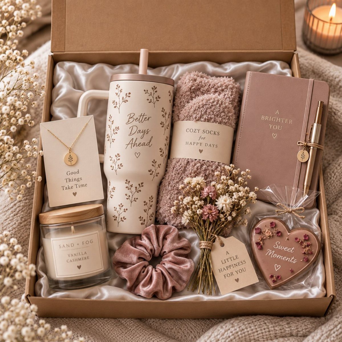 Gift box containing a tumbler, fuzzy socks, journal, candle, and jewelry in pink tones.