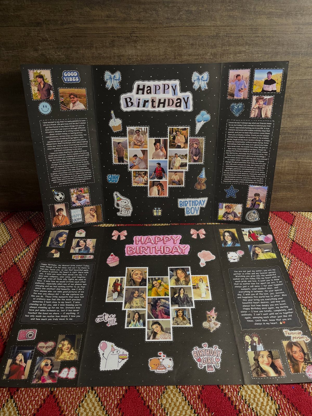 Handmade black birthday cards with photo collages and handwritten notes on red fabric.
