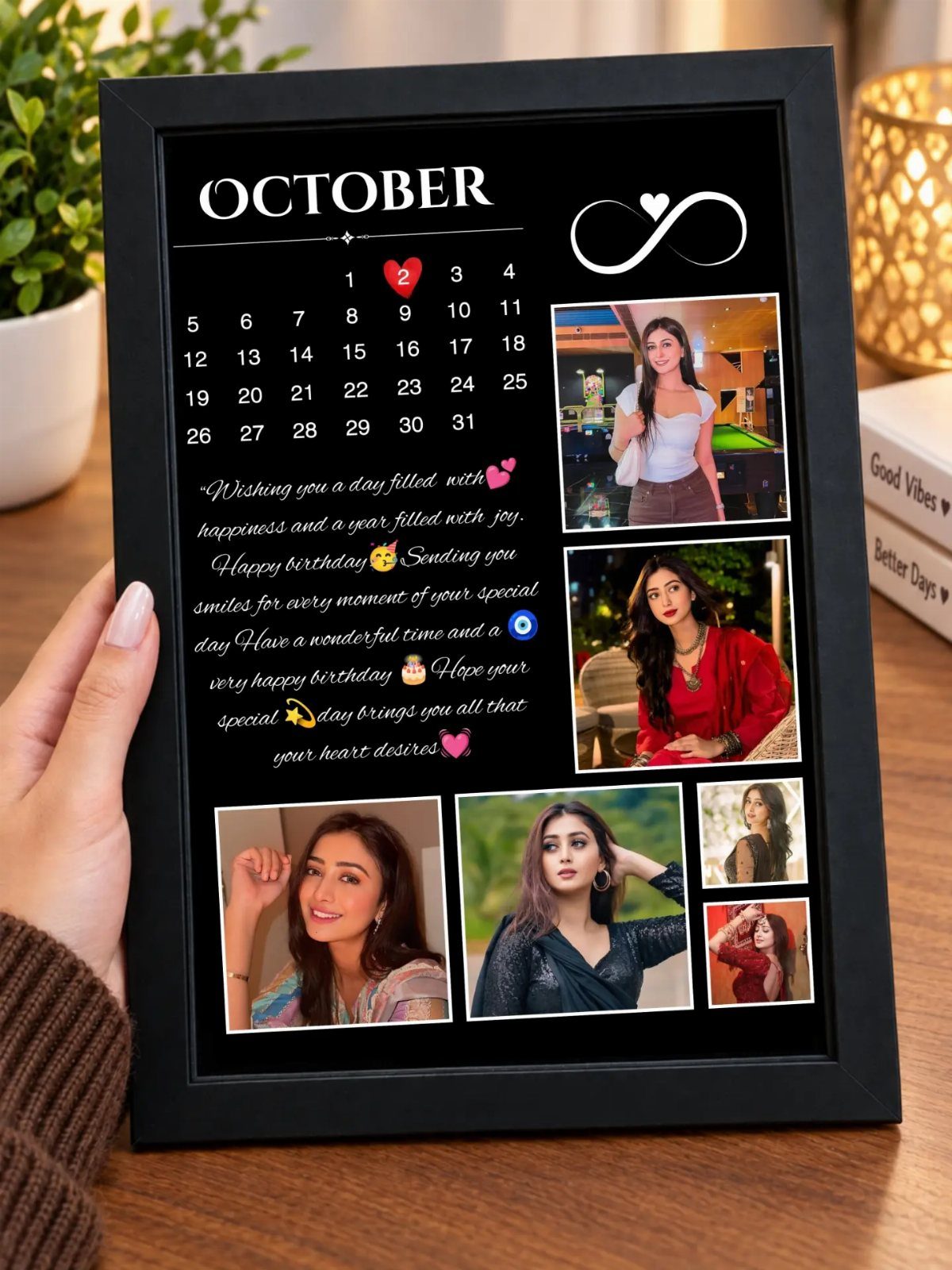 Personalized October calendar in a black frame featuring photos and birthday wishes.