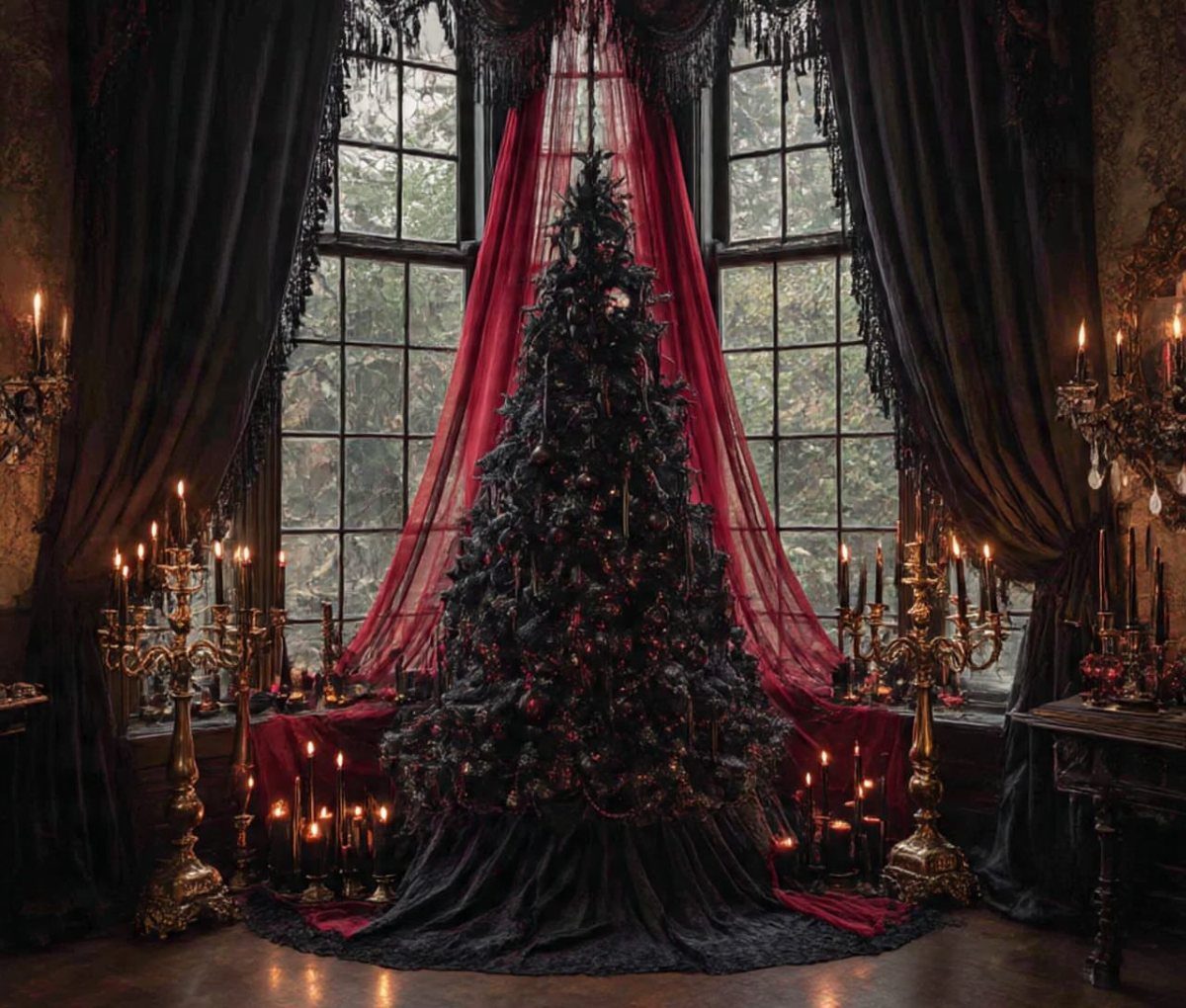 Black Christmas tree with dark ornaments surrounded by red fabric and gold candelabras.
