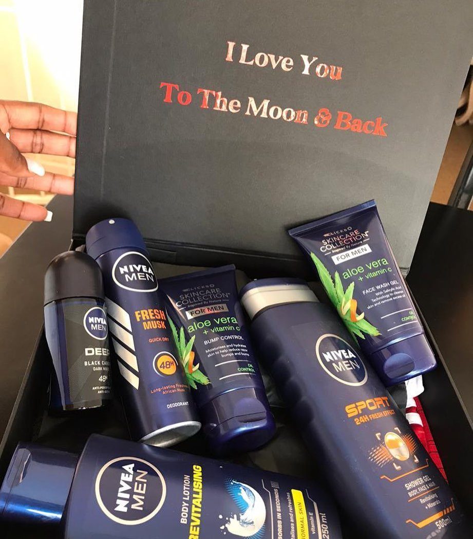 Nivea Men grooming products arranged in a black gift box with romantic red text.