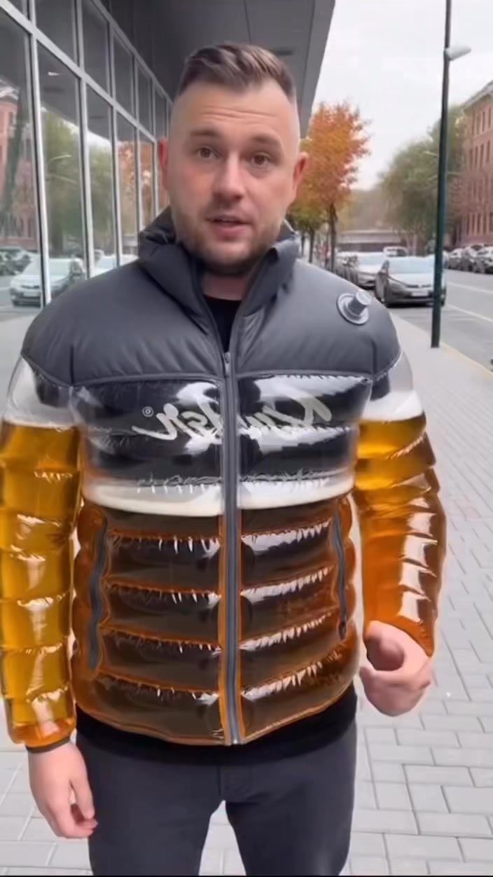 Man wearing a novelty puffer jacket that looks like a glass of beer.