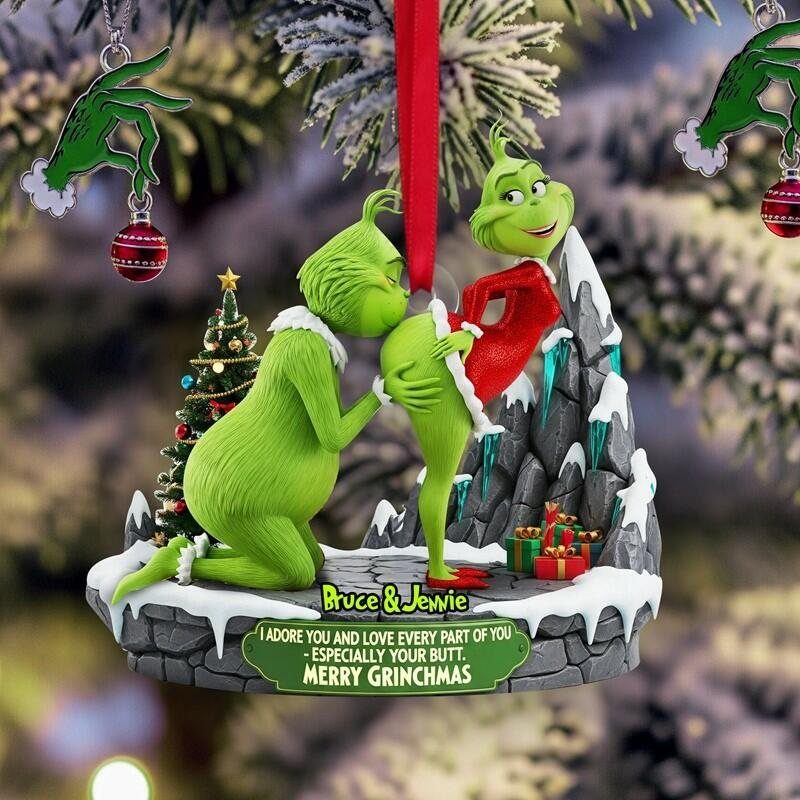 Personalized Grinch Christmas ornament showing two characters in a romantic, humorous pose.