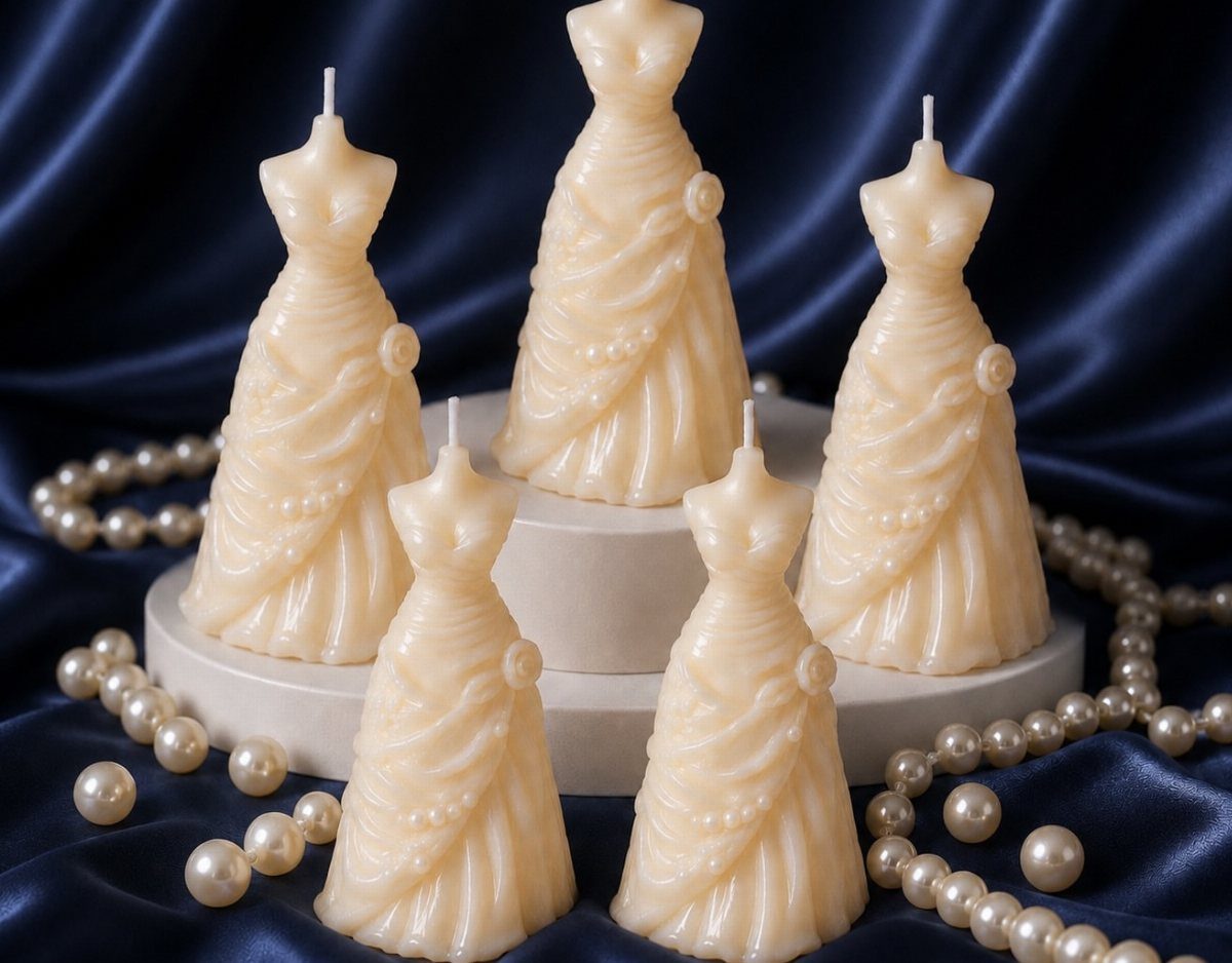 Wedding dress shaped candles on a white pedestal with pearls and blue satin.