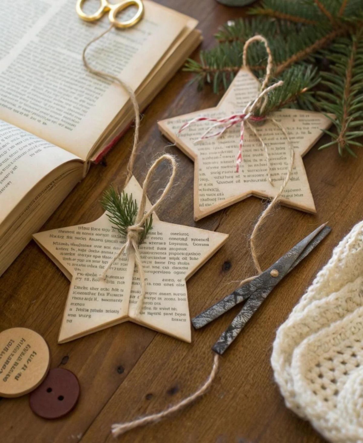 Star-shaped ornaments made from book pages resting on a wooden table with craft supplies.