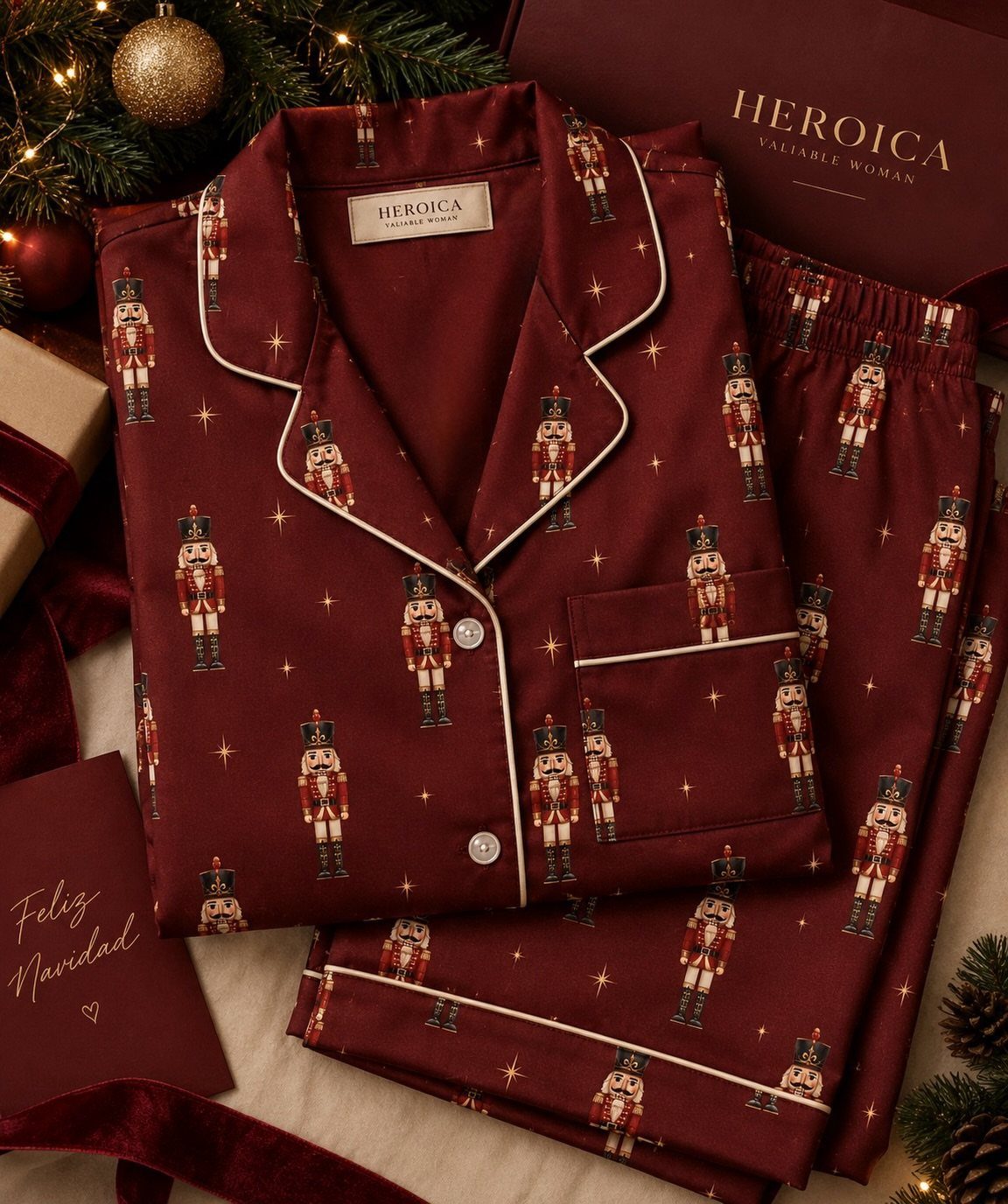 Burgundy nutcracker print pajamas laid out with a Christmas card and gold ornament.