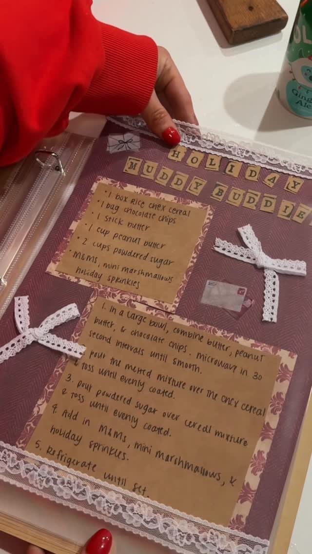 Handmade recipe page for Muddy Buddies in a scrapbook with lace and ribbons.