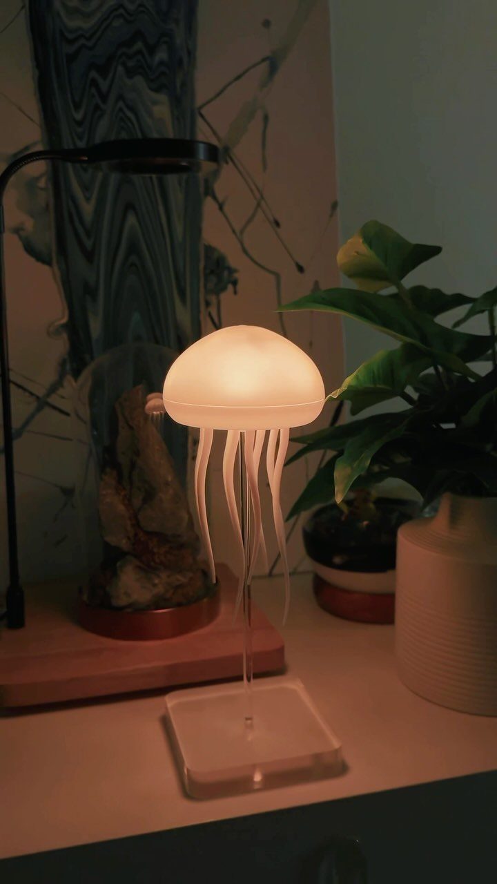 Glowing white jellyfish lamp on a white table next to a green plant