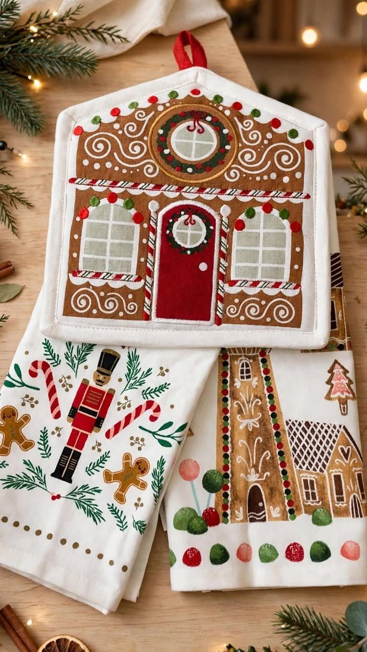 Holiday-themed dish towels and pot holder with gingerbread and nutcracker embroidery on wood.