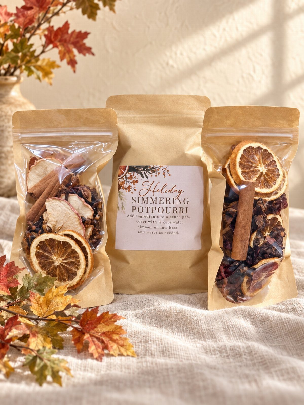 Three brown paper packets of holiday simmering potpourri with dried citrus and cinnamon.