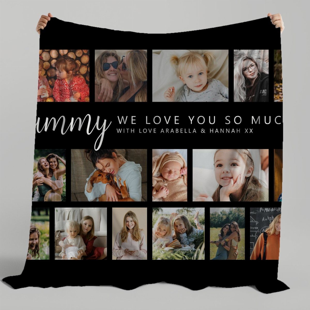 Black personalized blanket featuring a grid of family photos and loving text for Mummy.