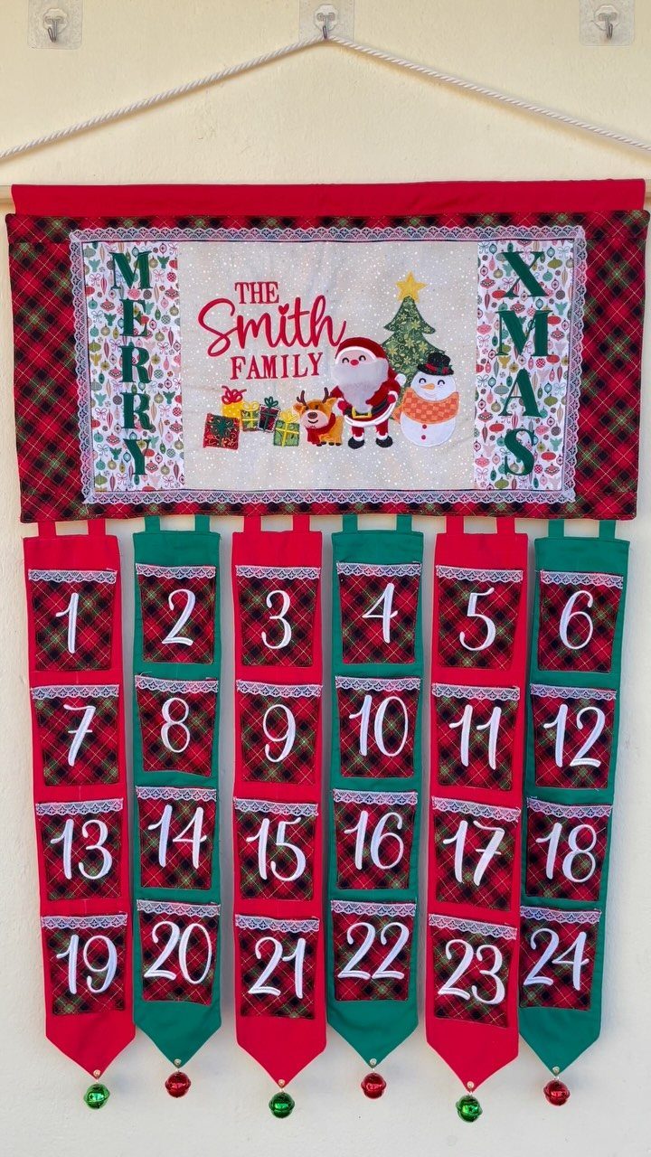 Fabric Christmas advent calendar for The Smith Family with numbered plaid pockets.