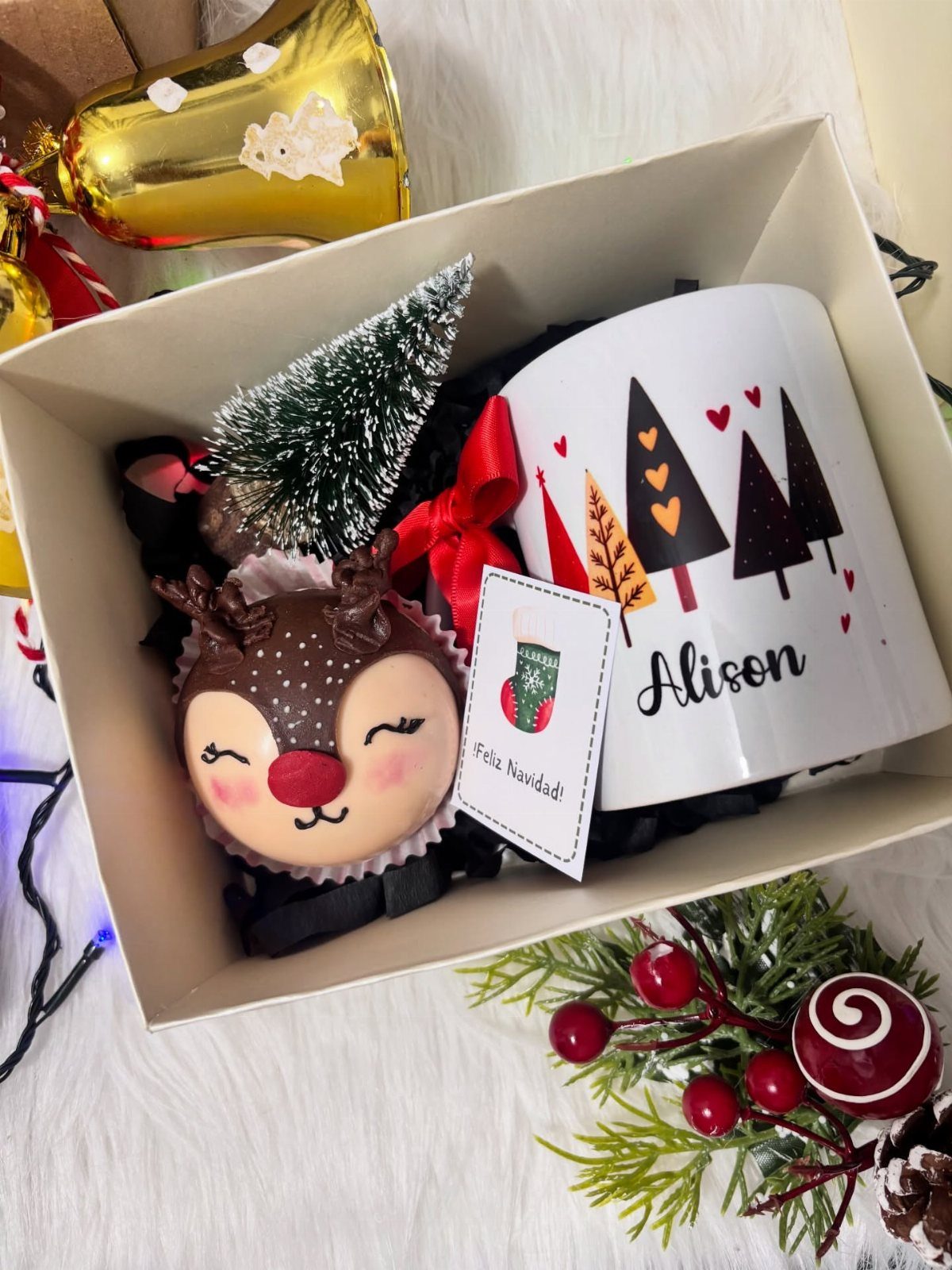 White ceramic mug with name Alison and Christmas trees in a gift box