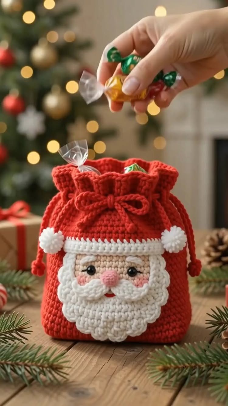 Red crocheted Santa Claus drawstring bag being filled with colorful wrapped candies.