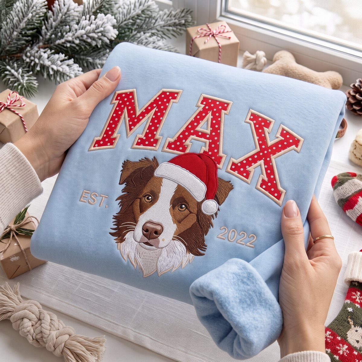 Light blue sweatshirt with embroidered dog wearing Santa hat and name Max