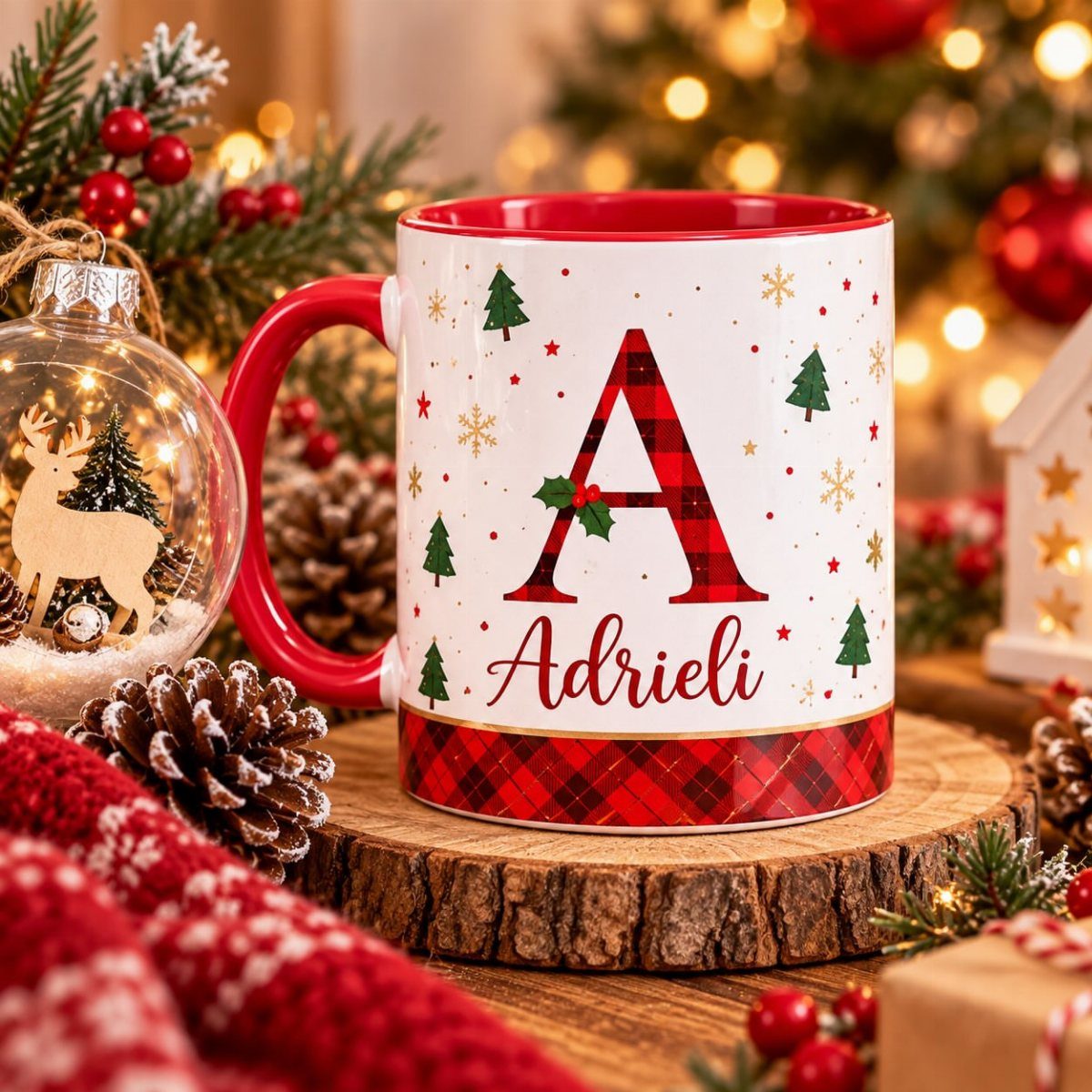 Personalized Christmas mug with name Adrieli on a rustic wooden slice background