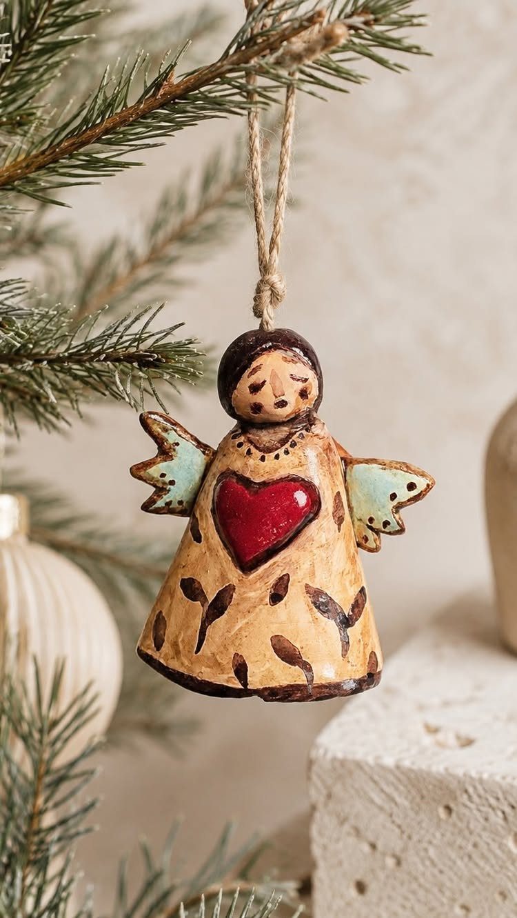 Ceramic angel ornament with a red heart hanging from a pine tree branch