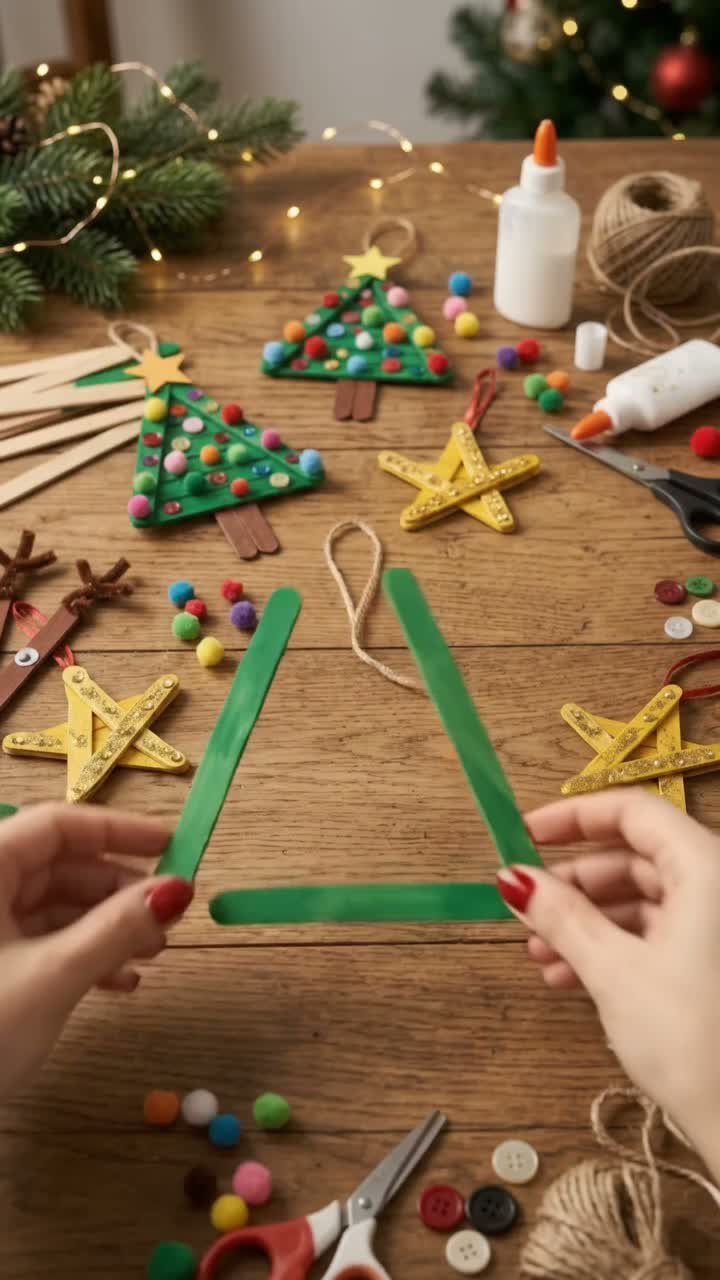 Hands assembling a green craft stick Christmas tree ornament on a wooden table.